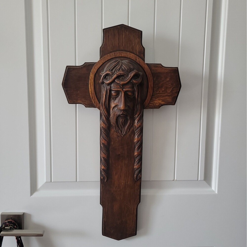 Antique Art Deco Hand Carved Oak Crucifix Face of Jesus Wall Cross 25" Tall